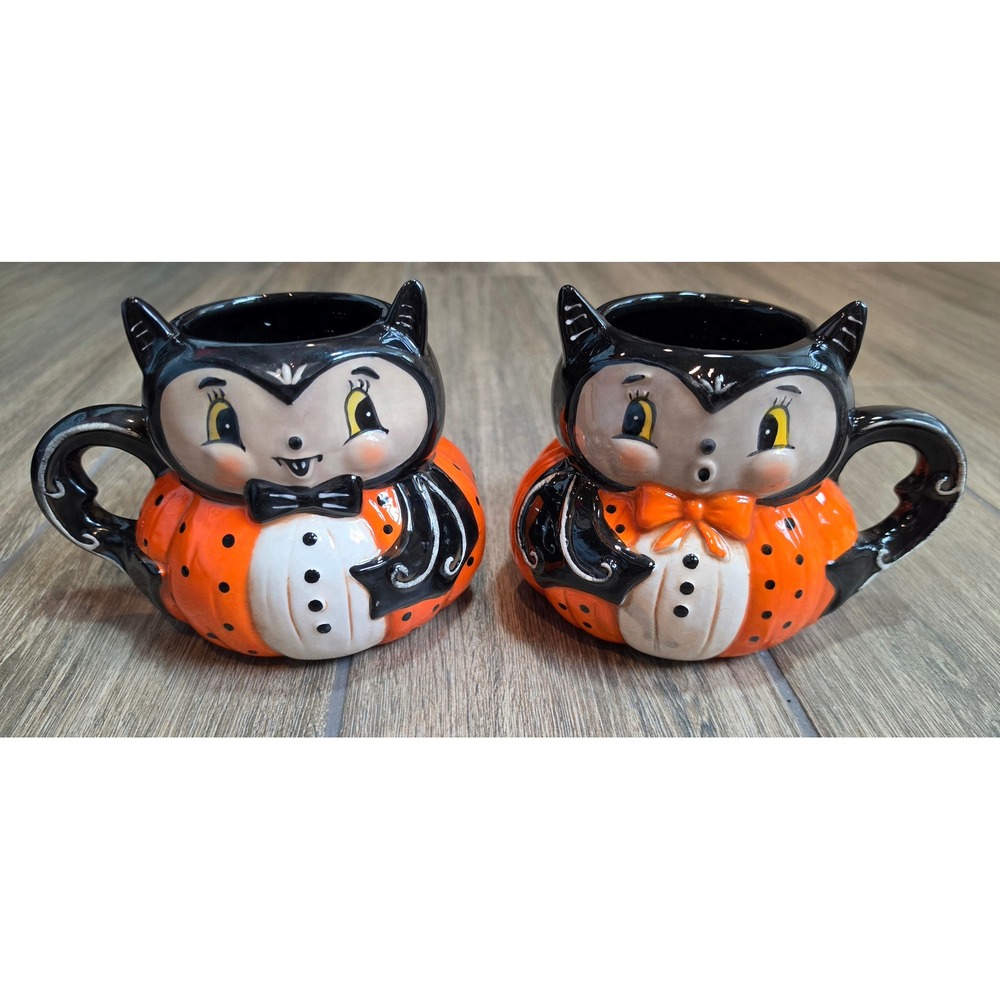 Johanna Parker Transpac Halloween Bat Pumpkin Mugs Set of 2 Vintage Ceramic
